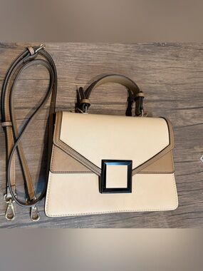 Two-Tone Cream and Tan Structured Top-Handle Satchel